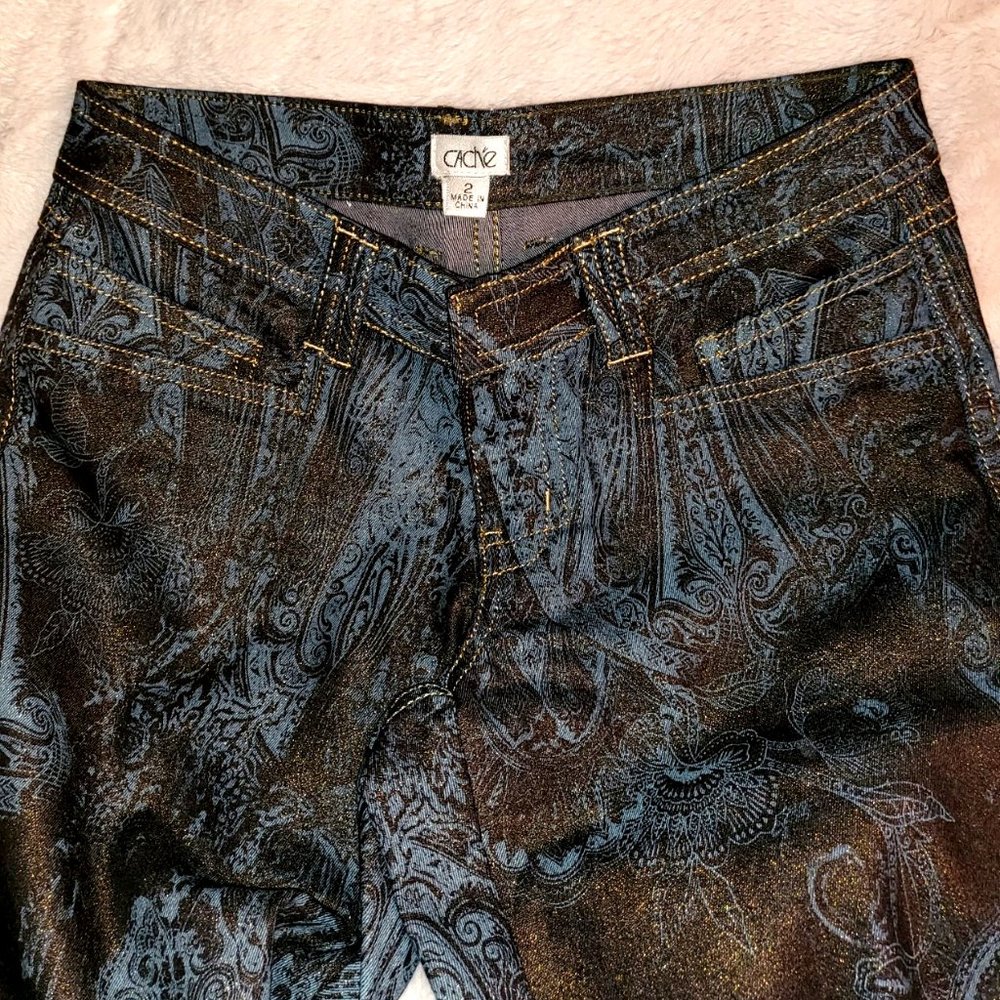 NWOT Cache gold glitter metallic blue paisley jeans 15" across waist - Picture 8 of 10